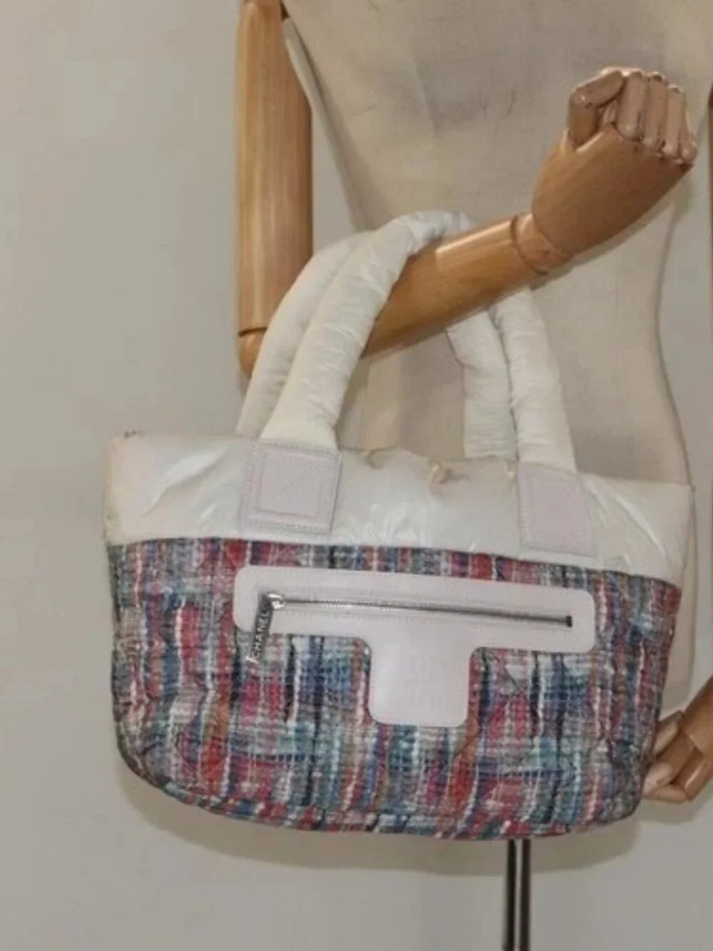 CHANEL Coco Cocoon PM Hand Bag Nylon White Multicolor Silver CC Auth bs25111